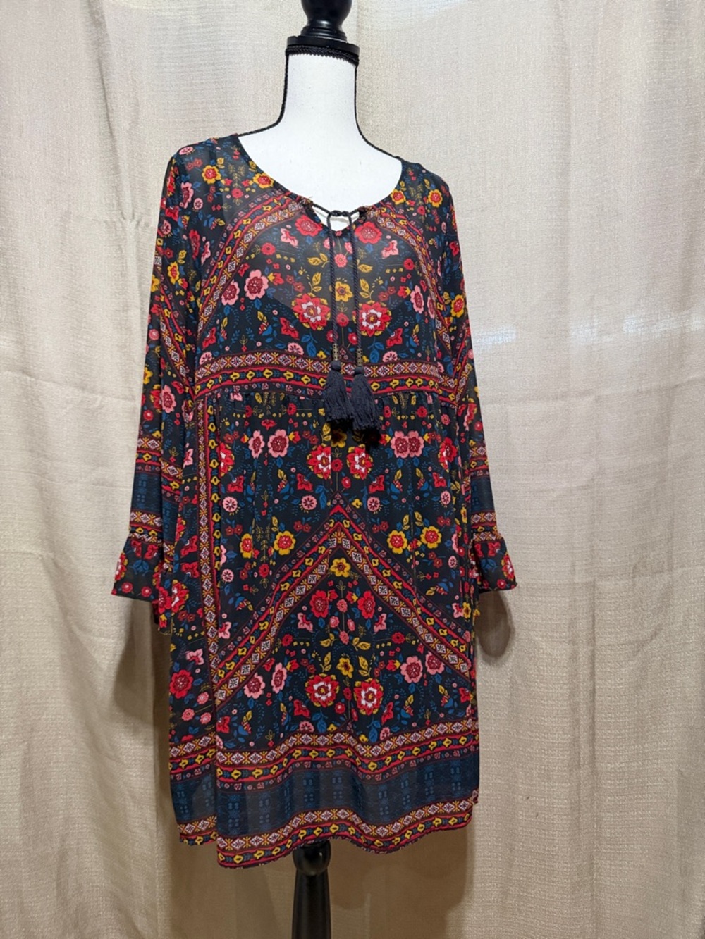 Floral Boho Long-Sleeve Tunic Dress in Navy with Red & Yellow Flowers